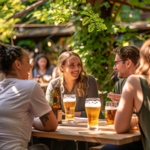 Beer garden tour athmosphere. People chatting, having fun