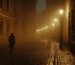 Foggy night street in Prague with a lone figure walking — atmospheric scene reflecting the city’s dark communist history